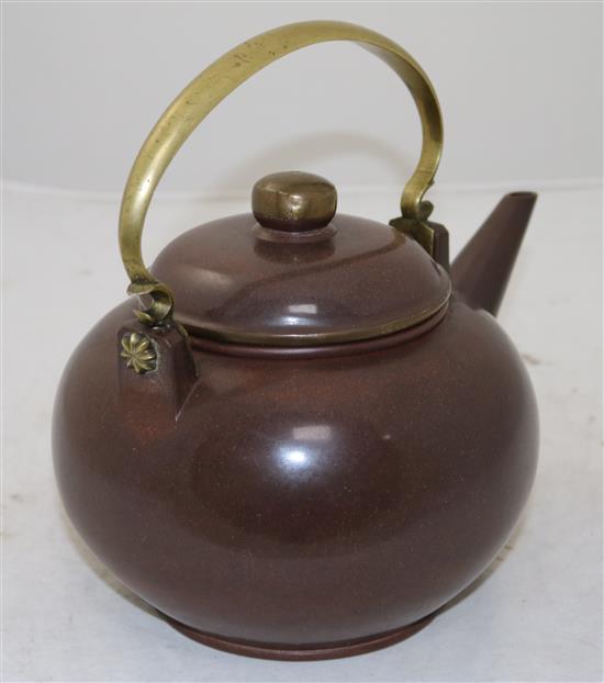 A large Yixing polished pottery and bronze mounted globular teapot and cover, c.1900, height 12cm